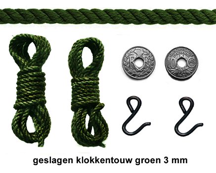 4,40 m. geslagen Comtoise klokkentouw –groen– dikte 3 mm, compleet met franse munten en haken. - 0