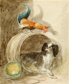 Henriette Ronner Knip (1821 - 1909) Een kukelende haan en een hond Reproductie op kunstdrukpapier