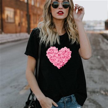 Pink Heart Flower Print Women Tshirt Cotton Casual - 0