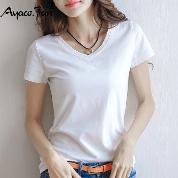 2019 Spring Summer Women Cotton T-shirt Black V-Neck - 0