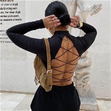 Women Sexy Harajuku Open Back T-shirt Long Sleeve