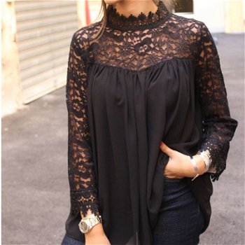 New Women Lace Sheer Sleeve Embroidery Top Blouse - 0