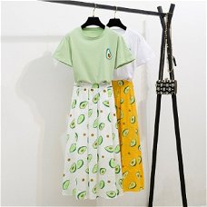 Fresh Women Top Skirts Sets Avocado Print Green