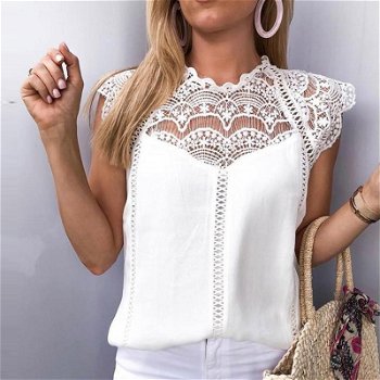 Summer 2020 Womens Tops Blouses Lace Patchwork Sleeveless - 0