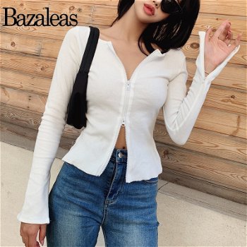 Bazaleas Streetwear white knitted cardigan Retro Center Zipper - 0