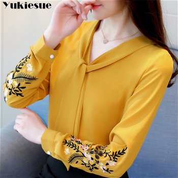 Long sleeve embroidery chiffon blouse womens tops and - 0