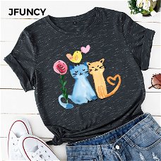 JFUNCY 100% Cotton Women's Tshirt Oil Painting Happy