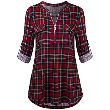 Women Casual Rolled Sleeve Zipped V-Neck Plaid Printed - 0