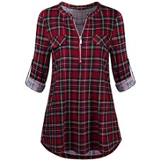 Women Casual Rolled Sleeve Zipped V-Neck Plaid Printed