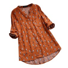 Women Blouses Casual V-Neck Printed Cat 3/4 Sleeve