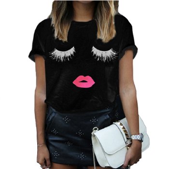 Drop Ship White Black Cute Eyelashes Lips Print - 0