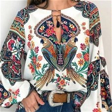 Laamei 2019 Boho Blouse Floral Print Lantern Sleeve