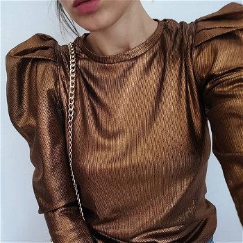 Gold Puff Long Sleeve Blouse Casual Shirt Women - 0