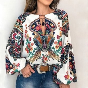 2019 Casual Vintage Shirt Blouse Women Floral Printed - 0