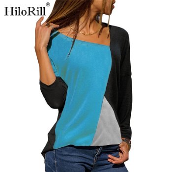 HiloRill Women Color Block Patchwork Blouse Long Sleeve - 0