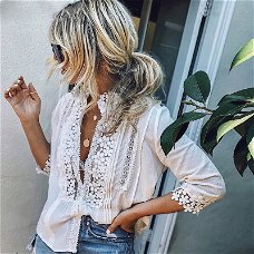 Dropshipping Women Lace Hollow Blouses 3/4 Sleeve Ladies