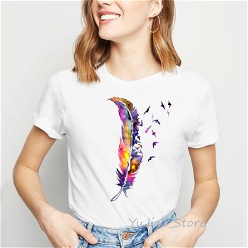 Watercolor feather birds print kawaii t shirt femme - 0