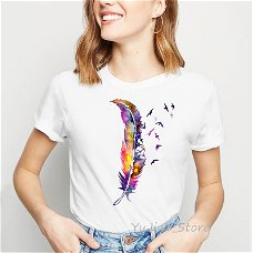 Watercolor feather birds print kawaii t shirt femme