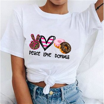 Peace Love Donuts Print Women Tshirt Summer Casual - 0