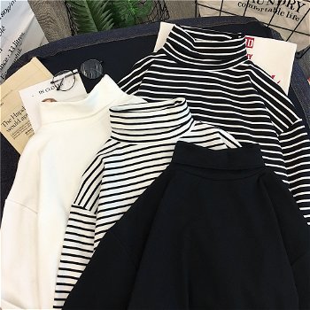 Women T-shirt Turtleneck Striped Full Sleeve Stretch Tops - 0