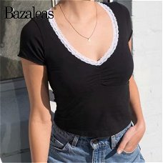 Bazaleas Basic Lace Patchwork T Shirt women Sexy