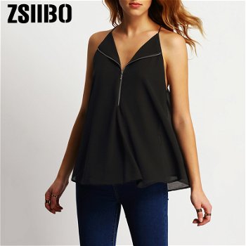 Women Blouse Sleeveless zipper Chiffon Shirt 2019 Summer - 0