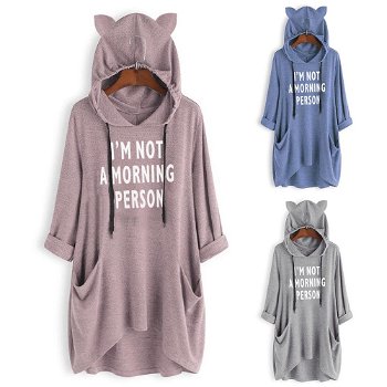 Women Casual Print Ear Hooded Pocket Letter Irregular - 0