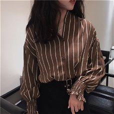 Spring Vintage Shirts Women Striped Slim Stand collar