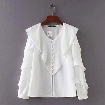 v neck laminated ruffles women long sleeve blouses - 0