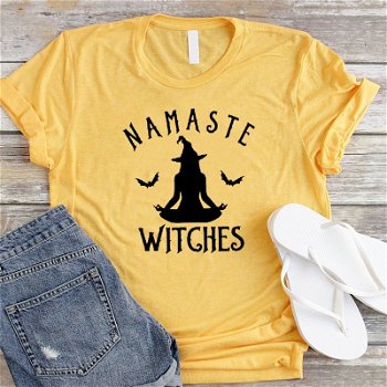 Namaste Witches Graphic Tees Women Halloween Tshirt Meditate - 0