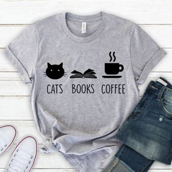 Cats Books Coffee T Shirt Women Graphic Tees - 0