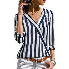 2019 Summer Fashion Striped Women Blouse Shirt V-Neck