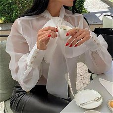 Women Mesh Sheer Blouse See-through Long Sleeve Top