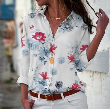 Women Blouses Casual V Neck Printing Button Long - 0