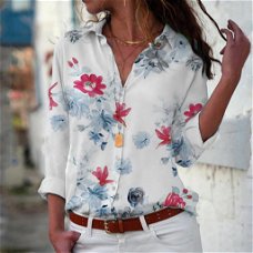 Women Blouses Casual V Neck Printing Button Long