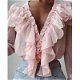 Women Chiffon Solid Color V-Neck Ruffle Trim Blouse - 0 - Thumbnail