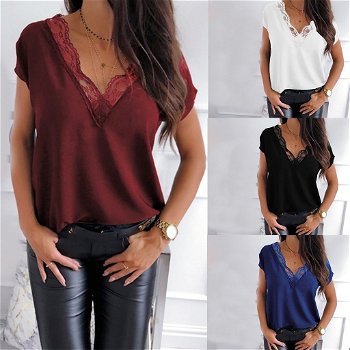 Women Casual Lace Blouse Short Sleeve Loose Top - 0