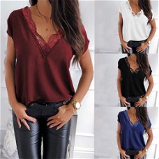 Women Casual Lace Blouse Short Sleeve Loose Top
