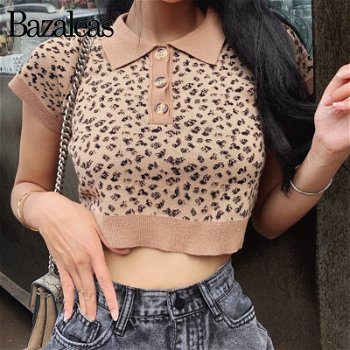 Bazaleas Retro Leopard Women T-shirt Chic Turn Down - 0