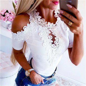 Women Lace Blouse Fashion Short Sleeve Blouses Top - 0