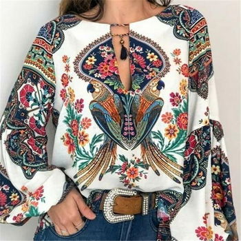 Women Blouses Boho Floral V-Neck Long Sleeve Oversize - 0