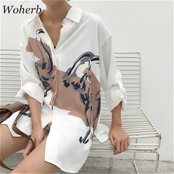 Woherb 2020 Oversized Shirt Printed Vintage Long Sleeve - 0