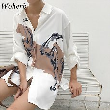 Woherb 2020 Oversized Shirt Printed Vintage Long Sleeve