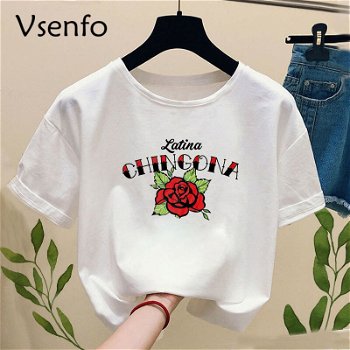Chingona rose Latina Print t-shirt Women Casual short - 0