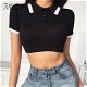 FSDA Turn Down Collar Black Crop Top Women - 0 - Thumbnail