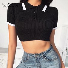 FSDA Turn Down Collar Black Crop Top Women