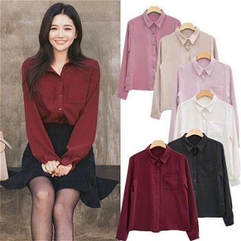 Women Blouses Shirt Long Sleeve Casual Chiffon Turn-down - 0