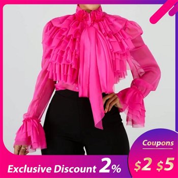 Plain Falbala Blouse Women Long Sleeve Pink Ruffles - 0