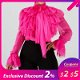 Plain Falbala Blouse Women Long Sleeve Pink Ruffles - 0 - Thumbnail