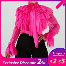Plain Falbala Blouse Women Long Sleeve Pink Ruffles